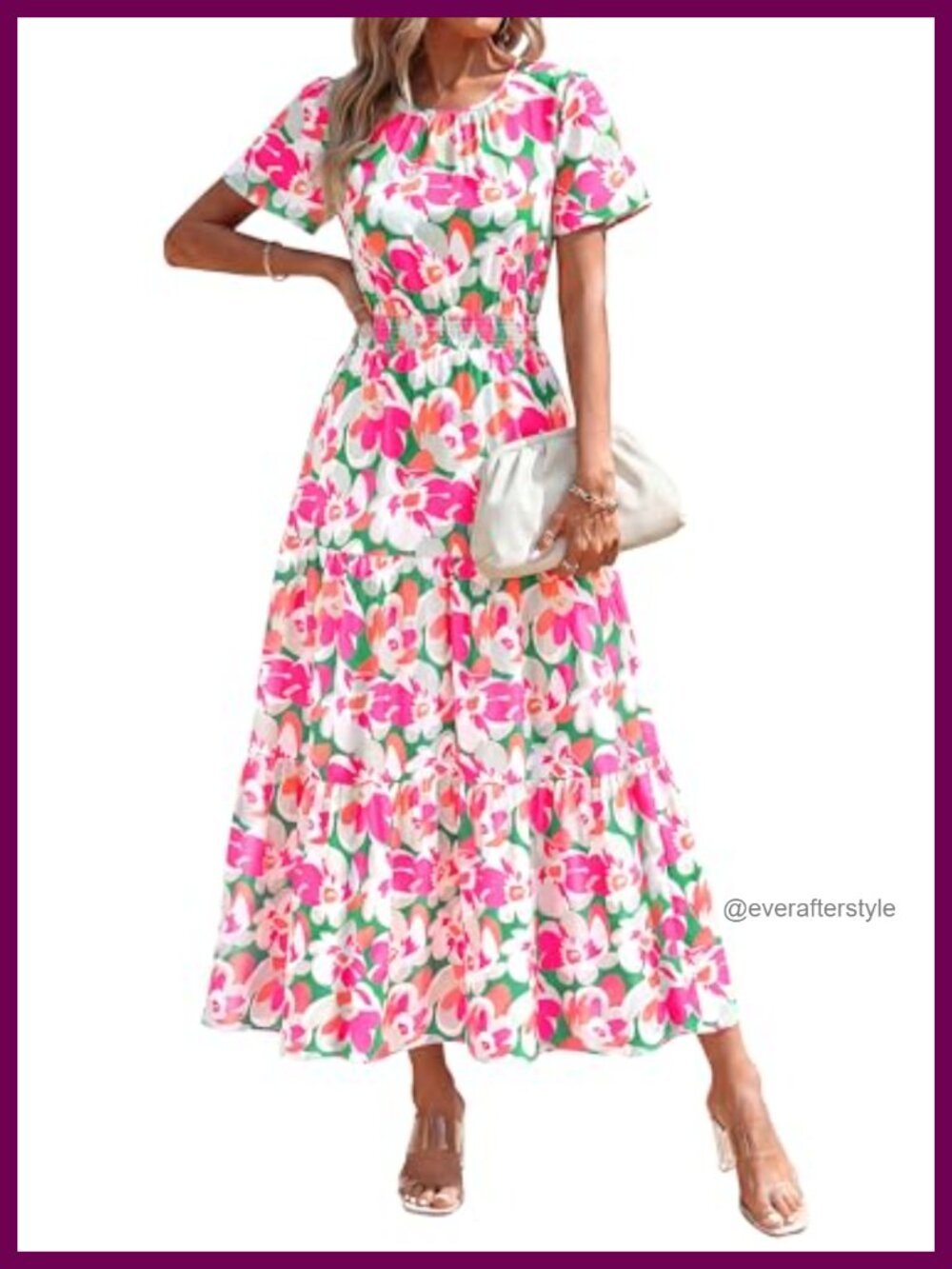 Women's Smocked Boho Floral A-Line Maxi Dress Flutter Sleeve Casual Summer